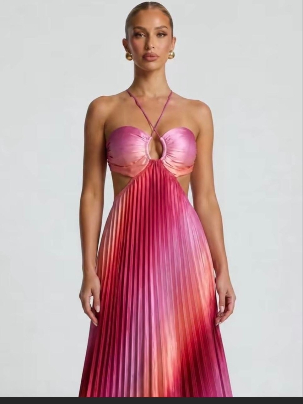 Tie-Dye Pink & Coral Pleated Cutout Maxi Dress